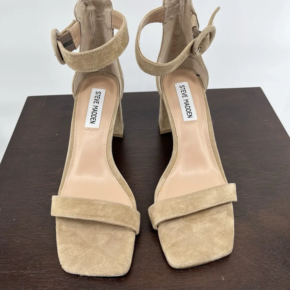 New Steve Madden Women's Reverie Heeled Sandals Size 7 Tan Suede Preppy Classic